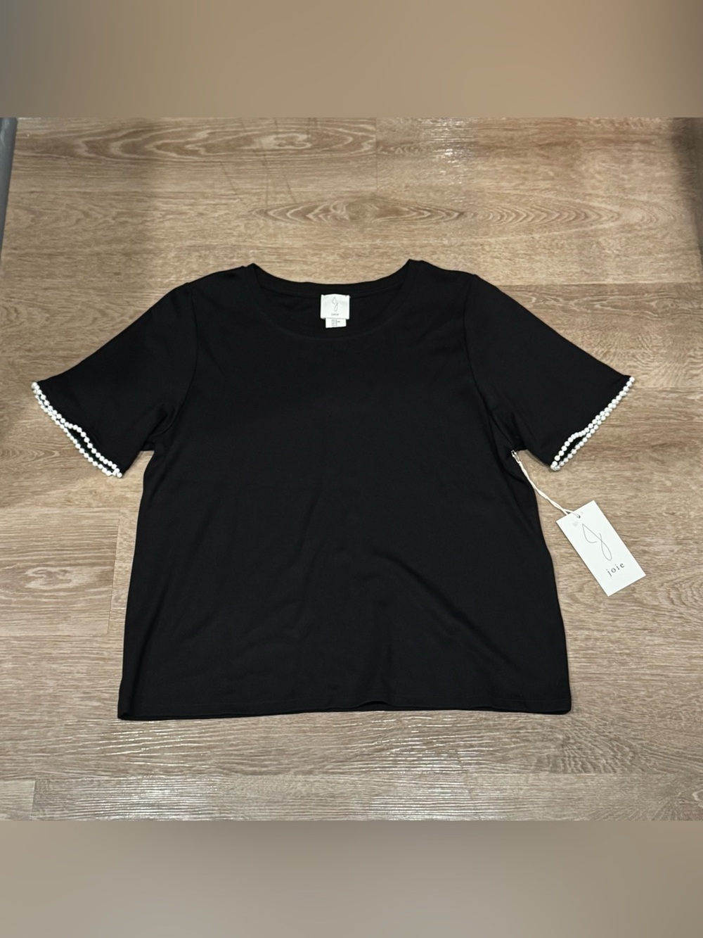 Joie Black Short Sleeve Tee with Pearl-Trim Sleeves